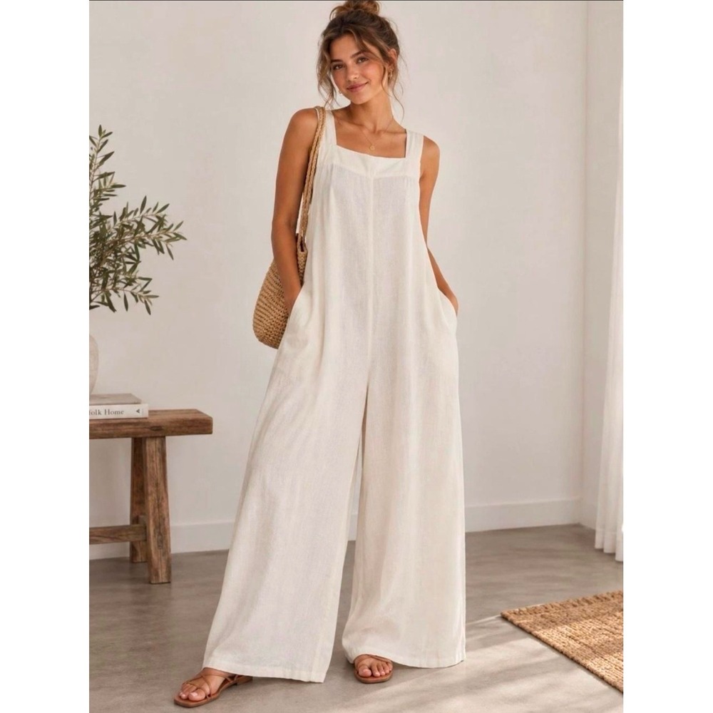 Haute Hippie Style Linen Blend Wide Leg Jumpsuit Oatmeal Beige Large